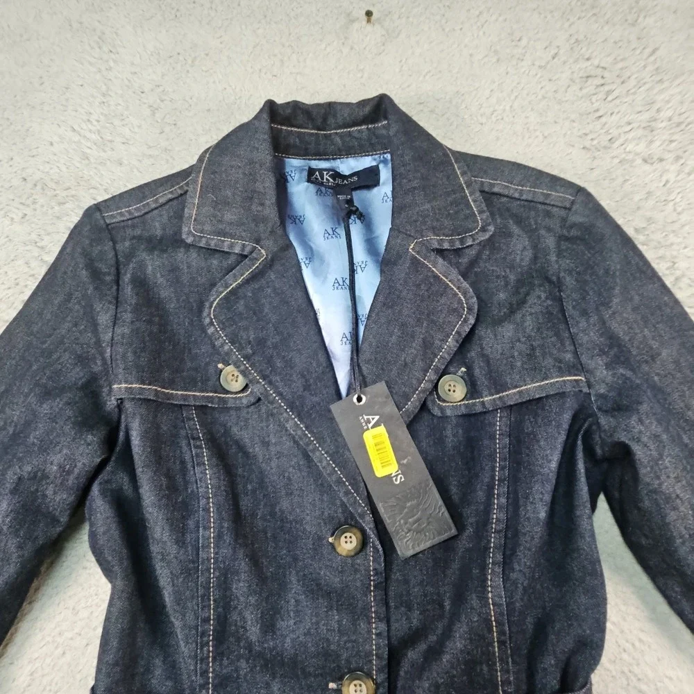 Anne Klein AK Jeans Denim Trench Coat Dress Womens M Blue 3/4 Slv Belted Western